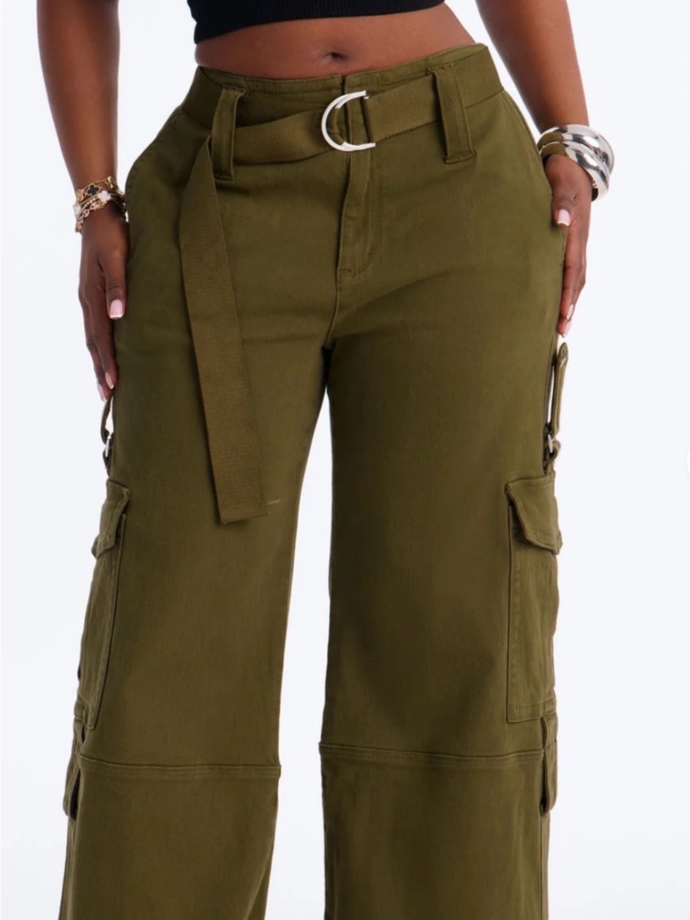 Fashion Nova Olive Cargo Flare Pants with D-Ring Belt